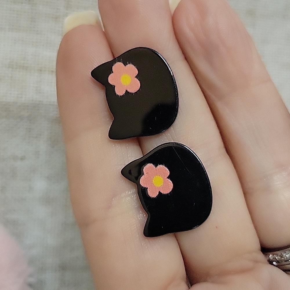 Black Cat Flower Girl Earrings